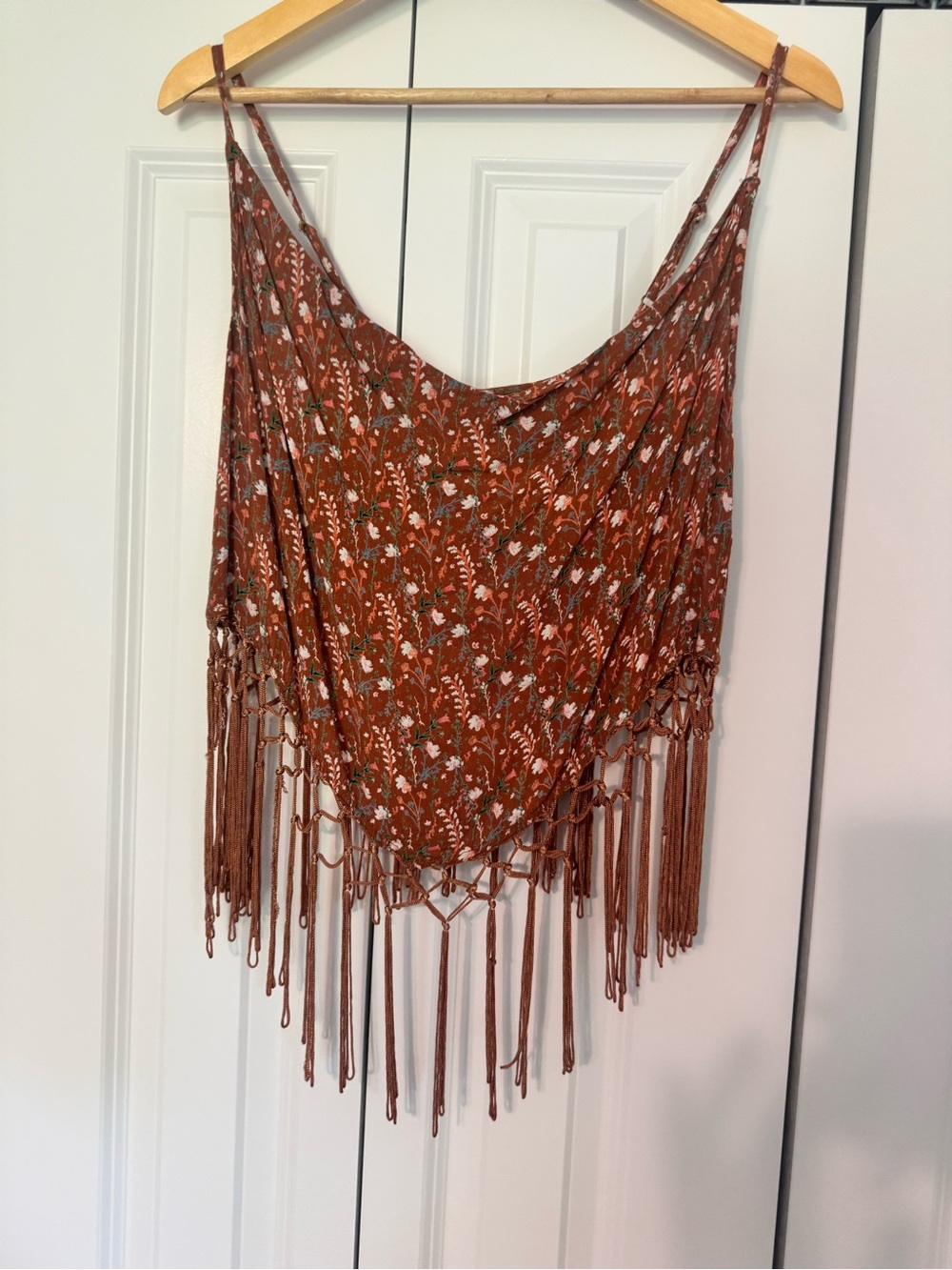 Boho Fringe Floral Halter Top in Rust